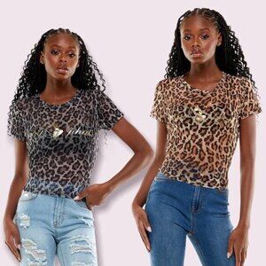 NEW Baby Phat Mesh Printed Short Sleeve Shirts Sheer Cheetah Y2K Womens Size S